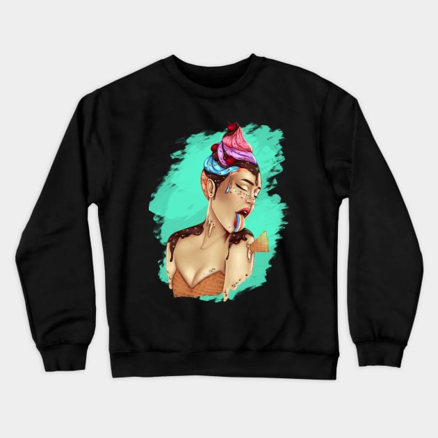 Melting for you, ice cream, girl, Summer time, summer vibes, original art, digital, artist, sprinkles, chocolate, cone, rainbow, unicorn, pastel, cherries, mint, sugar Crewneck Sweatshirt by KAM KOLE